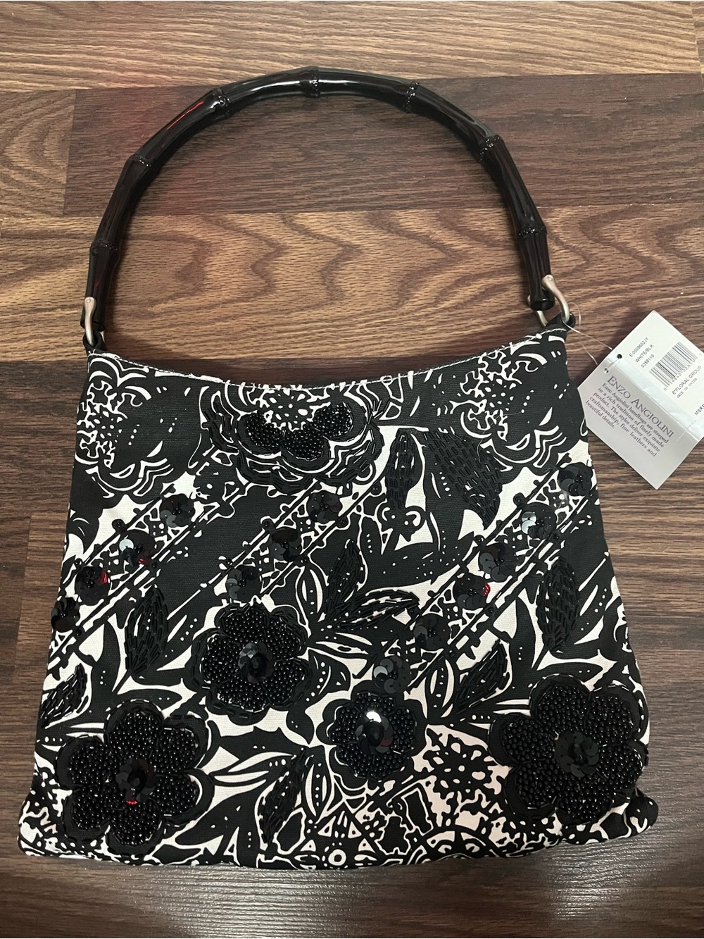 Enzo Angiolini Black & White Floral Beaded Shoulder Bag